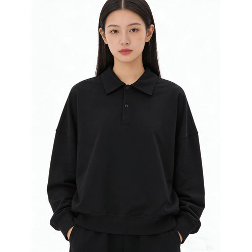 全棉宽松POLO领长袖卫衣女黑色