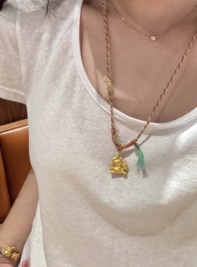 网红同款黄财神项链绳锁骨绳藏式手搓棉绳黄金吊坠纯手工编织绳