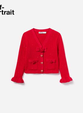 Self-Portrait 2025早春红正红色小香风花朵针织开衫外套