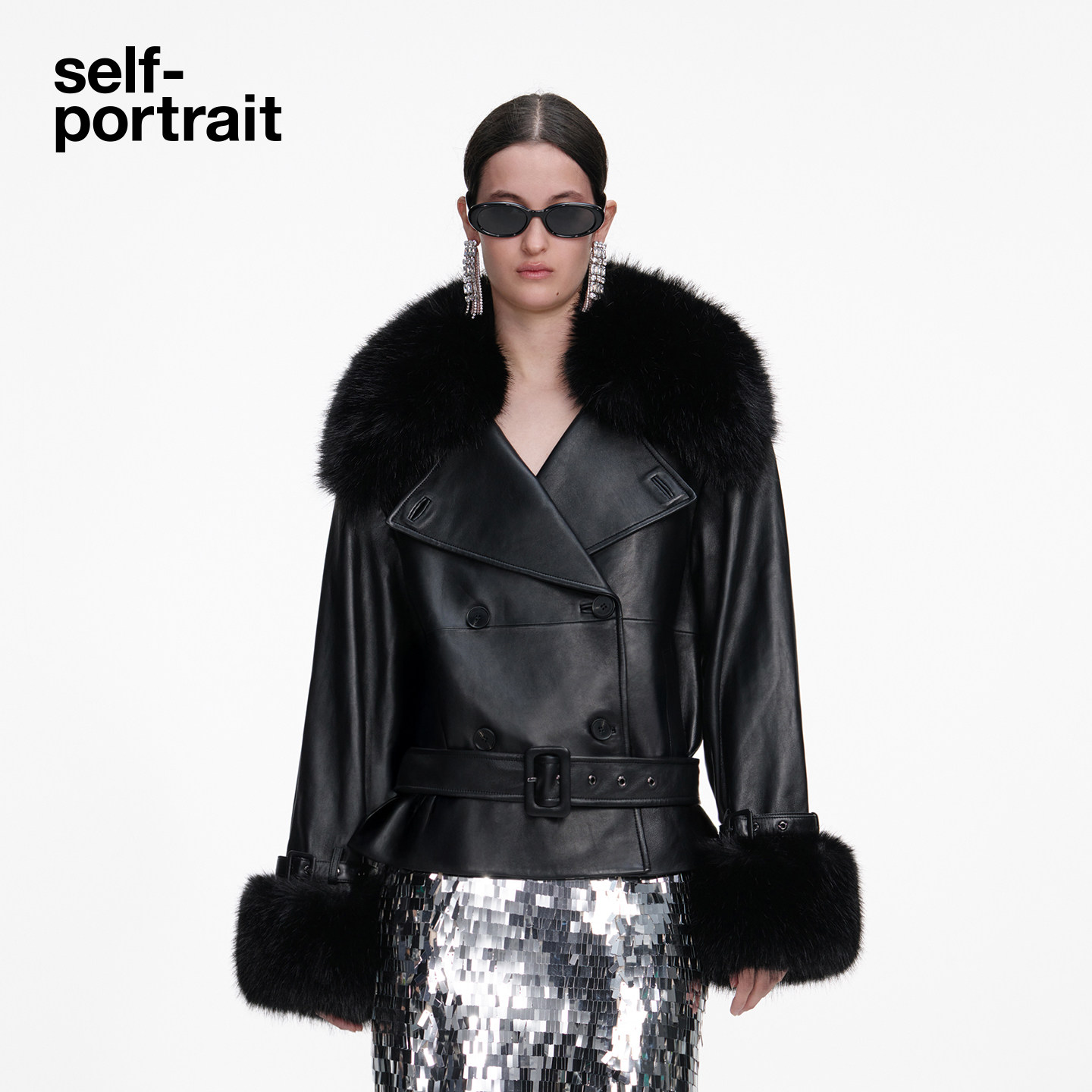 self-portrait 2026早春新款经典黑可拆卸毛领绵羊皮风衣皮衣外套