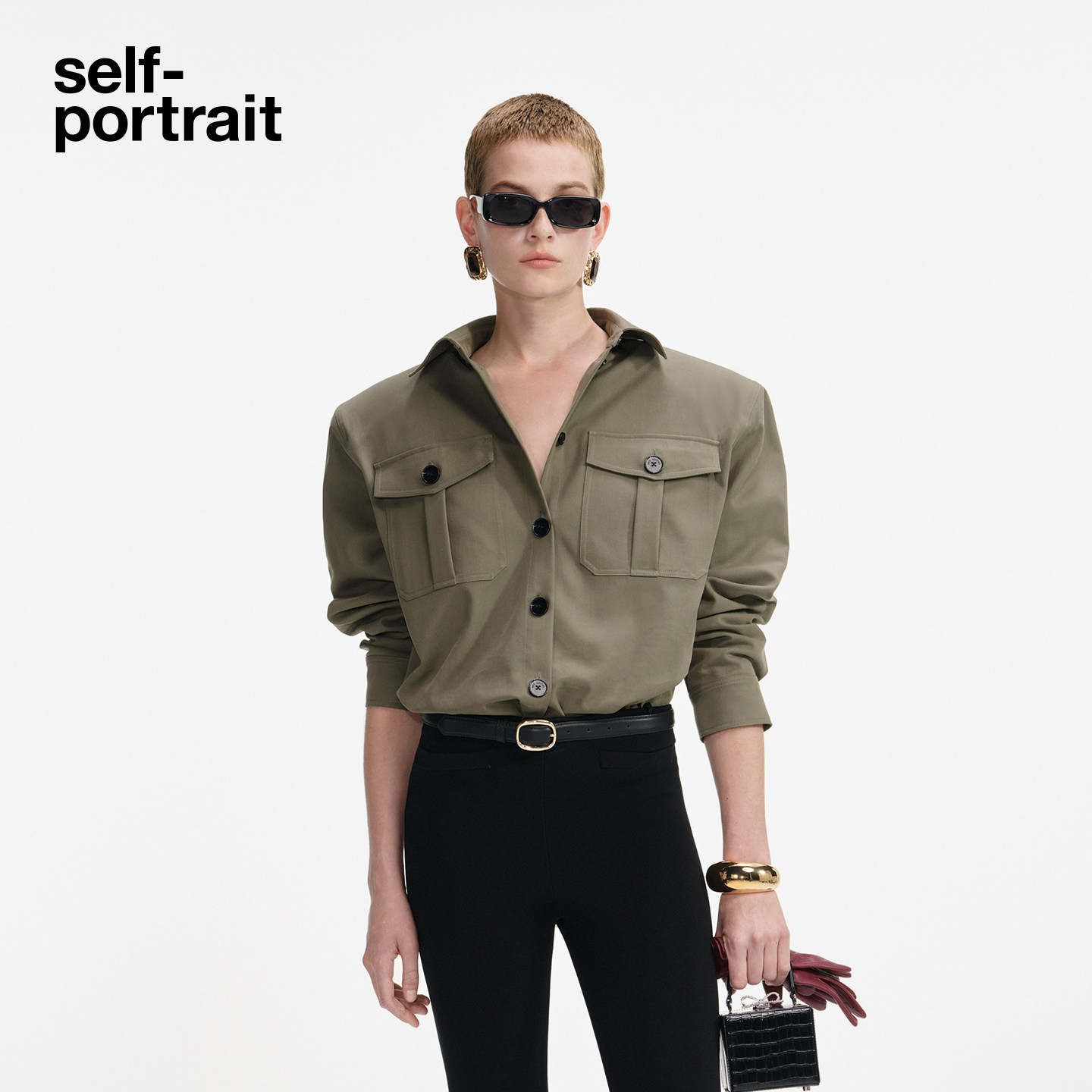 self-portrait 2025秋冬新款橄榄绿长袖工装风衬衫上衣