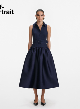 self-portrait 2025秋冬新款藏蓝色通勤翻领气质塔夫绸连衣裙