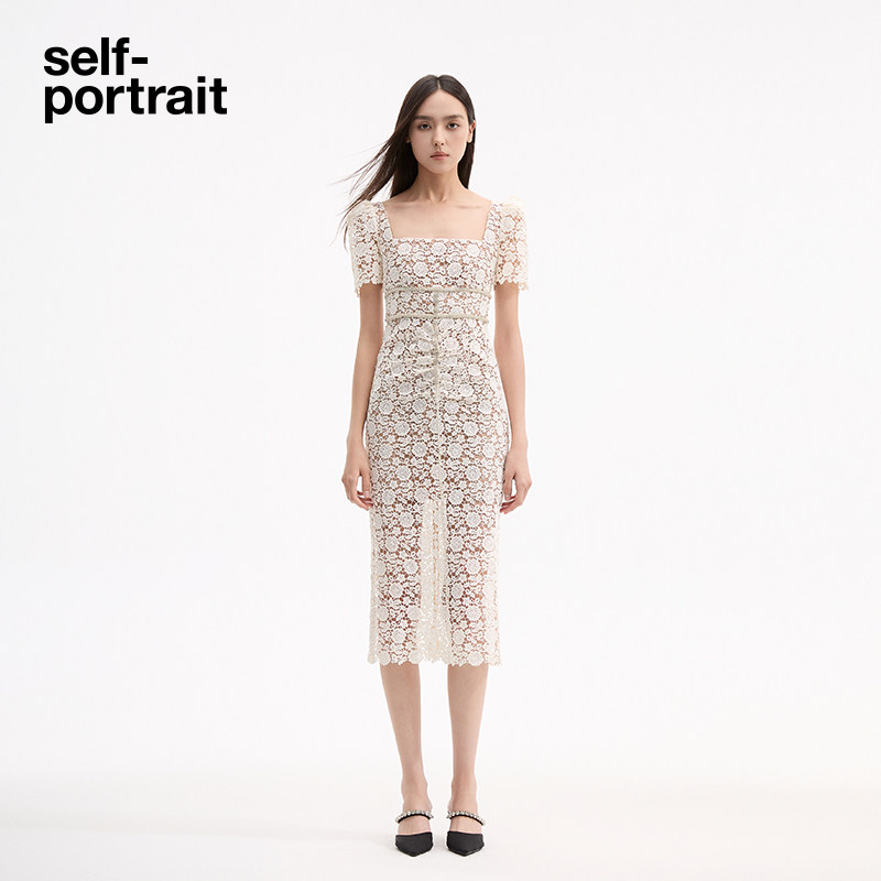 self-portrait 象牙白经典蕾丝方领钻饰修身连衣裙长裙