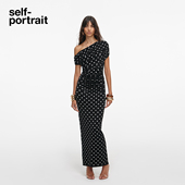 2026早春新款 self portrait 黑点阵圆点波点斜肩针织连衣裙中长裙