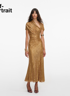 self-portrait 2026早春新款咖金色镂空满钻礼服连衣裙中长裙