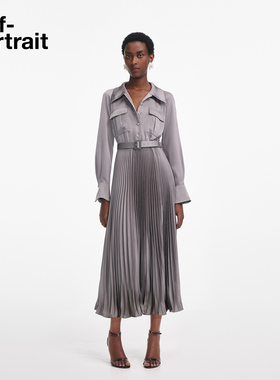 self-portrait 2025早秋新款浅灰色设计感气质通勤缎面压褶连衣裙