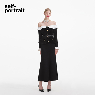 self-portrait荷叶边一字连衣裙