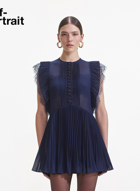 self-portrait 2025春夏藏蓝色钻饰荷叶边雪纺百褶飞袖连衣裙