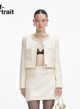 self-portrait 象牙白花呢仿珍珠设计亮片粗花呢外套