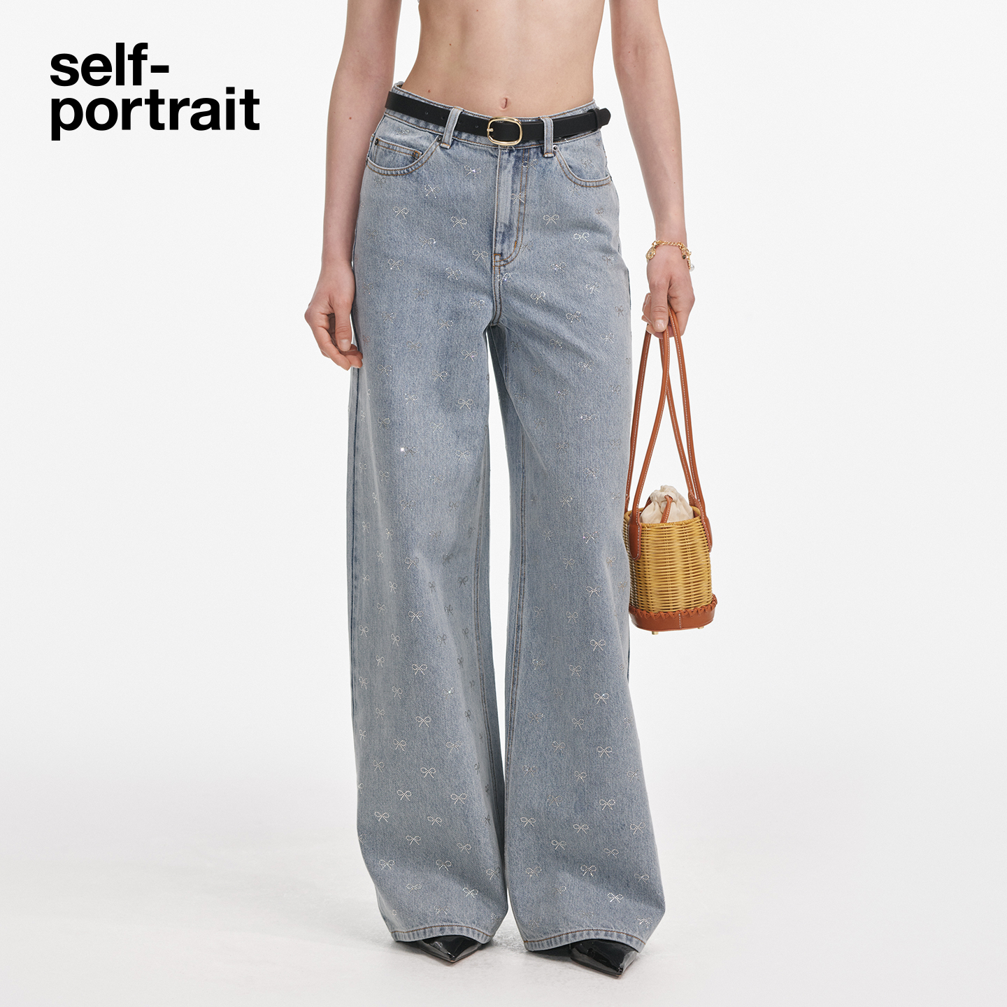 self-portrait水洗牛仔阔腿裤