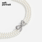 2025早春银色三层人造珍珠蝴蝶结锁骨项链 self 送礼 portrait
