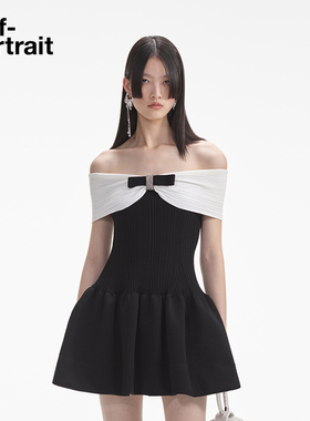 self-portrait 秋冬黑撞白甜美一字肩针织连衣裙