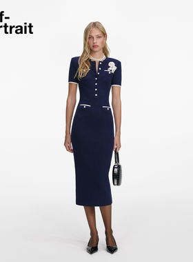 self-portrait 2026早春新款藏蓝色千金风撞色针织连衣裙长裙