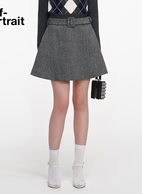 self-portrait 2026早春新款灰混色A字羊毛混纺人字纹半身裙短裙