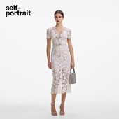 self portrait2025春夏订婚宴仿珍珠设计蝴蝶结白蕾丝连衣裙
