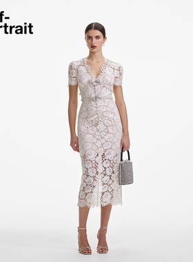 self-portrait2025春夏订婚宴仿珍珠设计蝴蝶结白蕾丝连衣裙