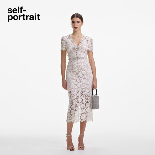 self-portrait2025春夏订婚宴仿珍珠设计蝴蝶结白蕾丝连衣裙