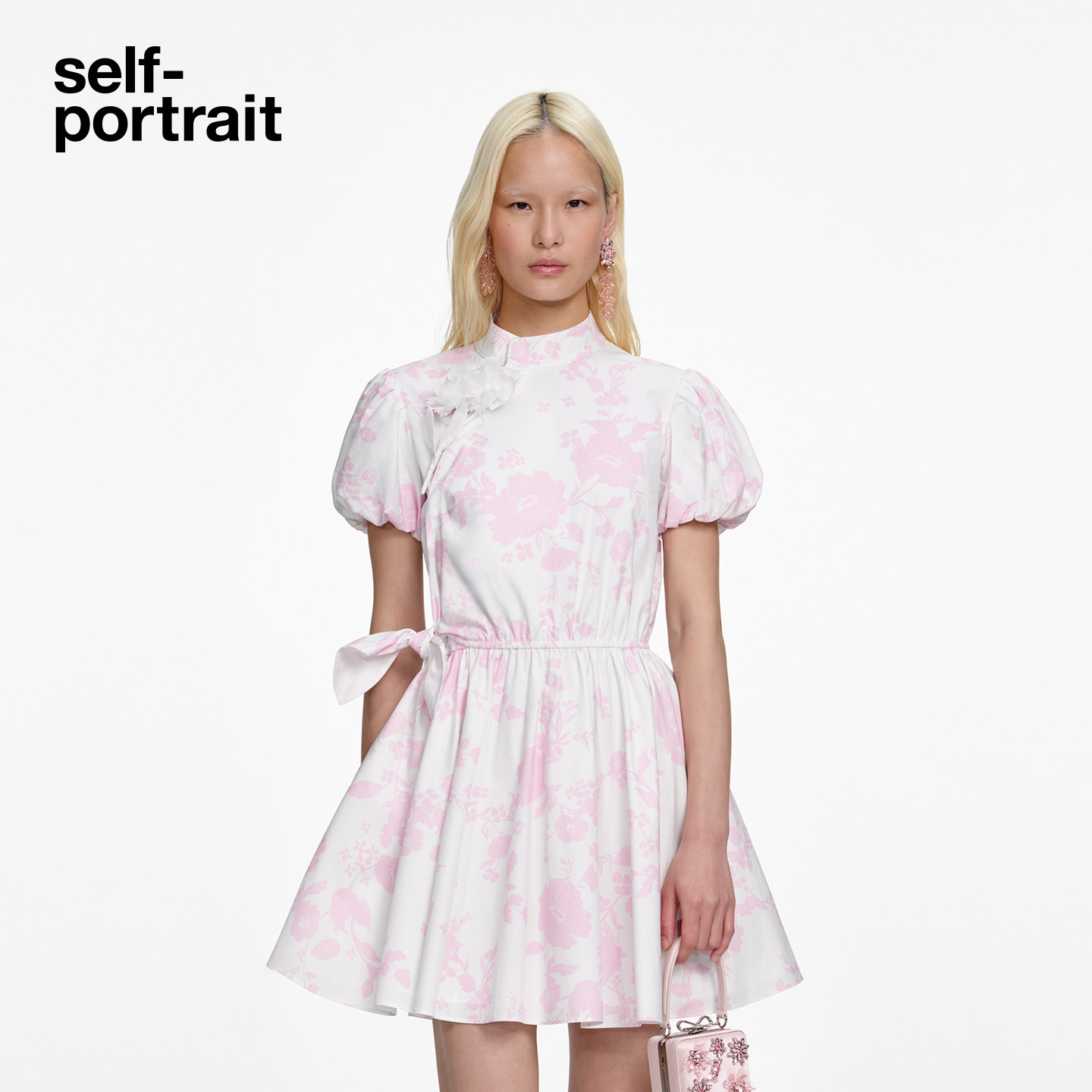 self-portrait 2026早春新款粉红色新中式棉质印花连衣裙短裙