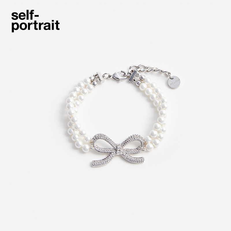 [送礼]self-portrait 2025早秋银色双层人造珍珠蝴蝶结手链