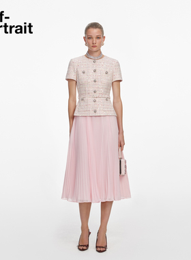 self-portrait 2026春夏新款粉红色亮片粗花呢假两件连衣裙中长裙