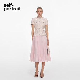 self-portrait 2026春夏新款粉红色亮片粗花呢假两件连衣裙中长裙