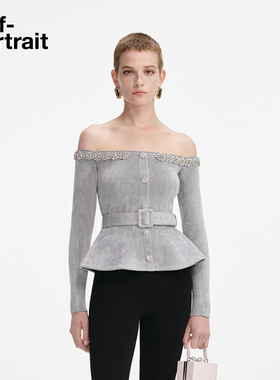 self-portrait 2025秋冬新款浅灰色钻饰一字领丝绒长袖针织上衣