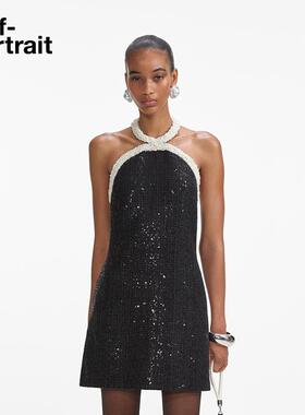 【明星同款】self-portrait 2025早春黑撞白亮片礼服连衣裙