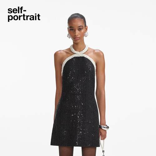 【明星同款】self-portrait 2025早春黑撞白亮片礼服连衣裙