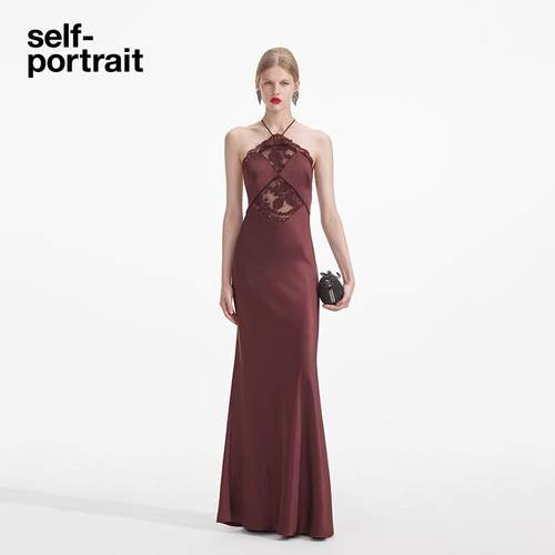 self-portrait 2025早春红棕色挂脖蕾丝拼接缎面礼服连衣裙
