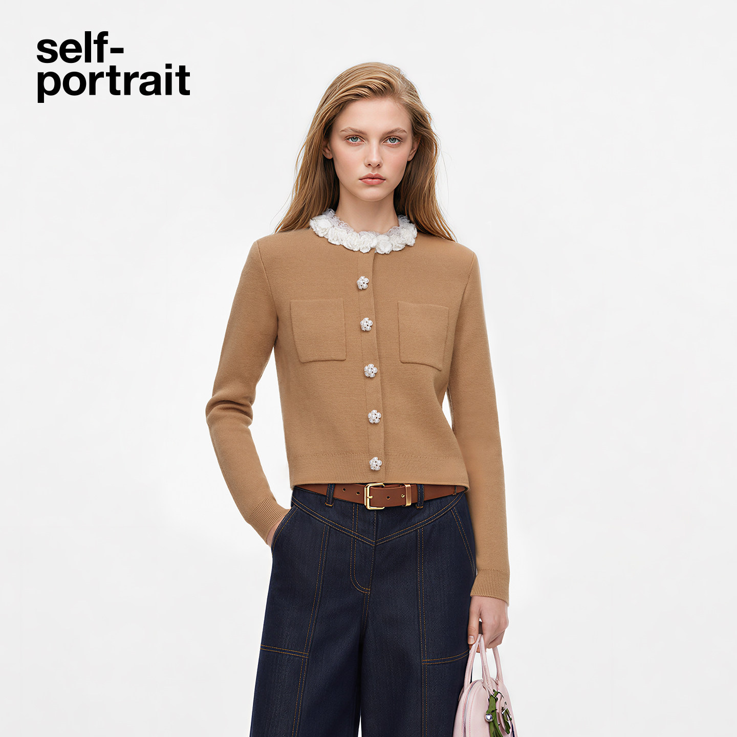 self-portrait 2026秋冬新款浅咖色花朵装饰羊毛混纺针织开衫上衣