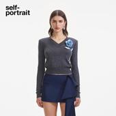 赵丽颖同款 self portrait 2025春夏灰撞蓝V领羊毛针织衫 上衣