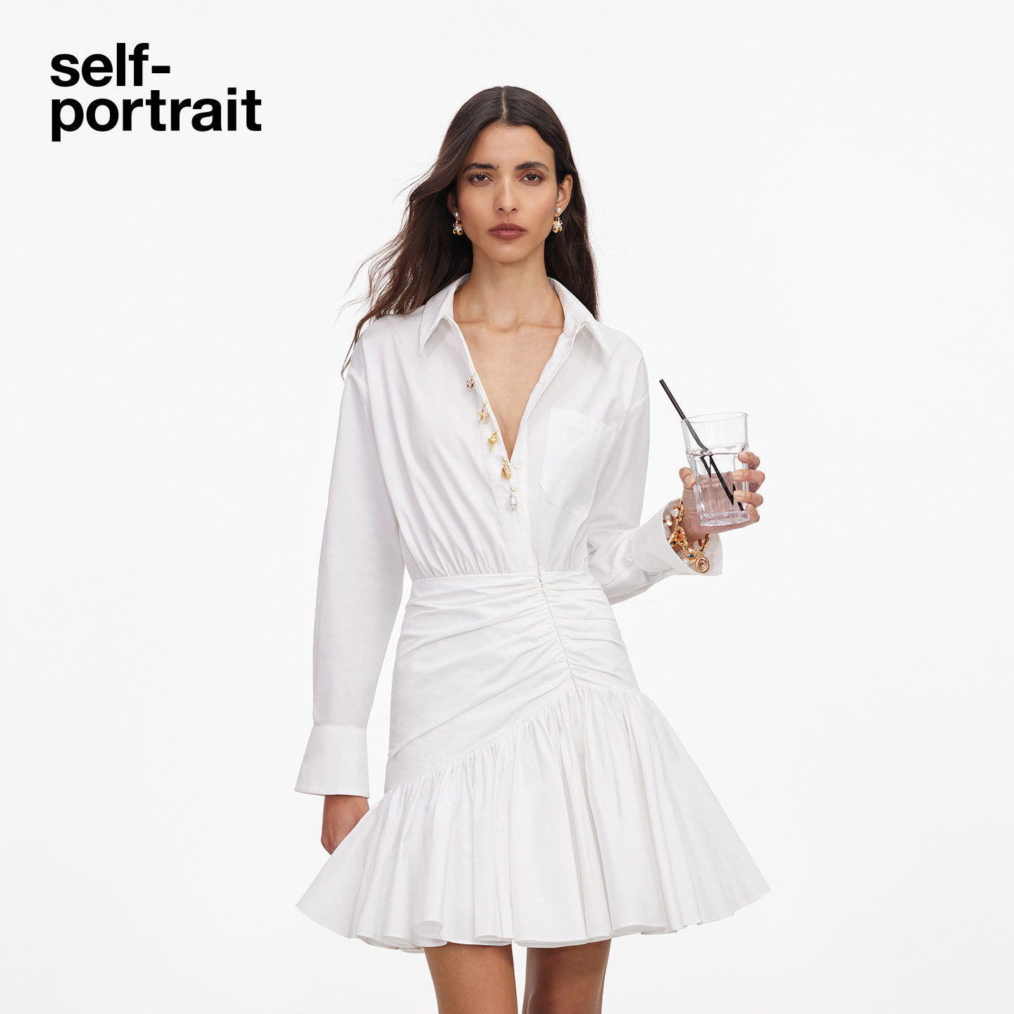 self-portrait 2026早秋新款纯净白棉质长袖衬衫连衣裙短裙