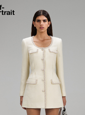 【唐艺昕同款】self-portrait 象牙白珠饰边千金风收腰连衣裙