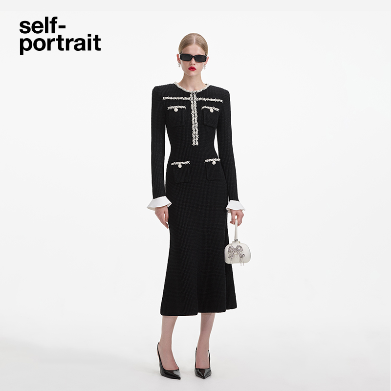 self-portrait 2025早春新款经典黑气质珍珠针织连衣裙中长裙