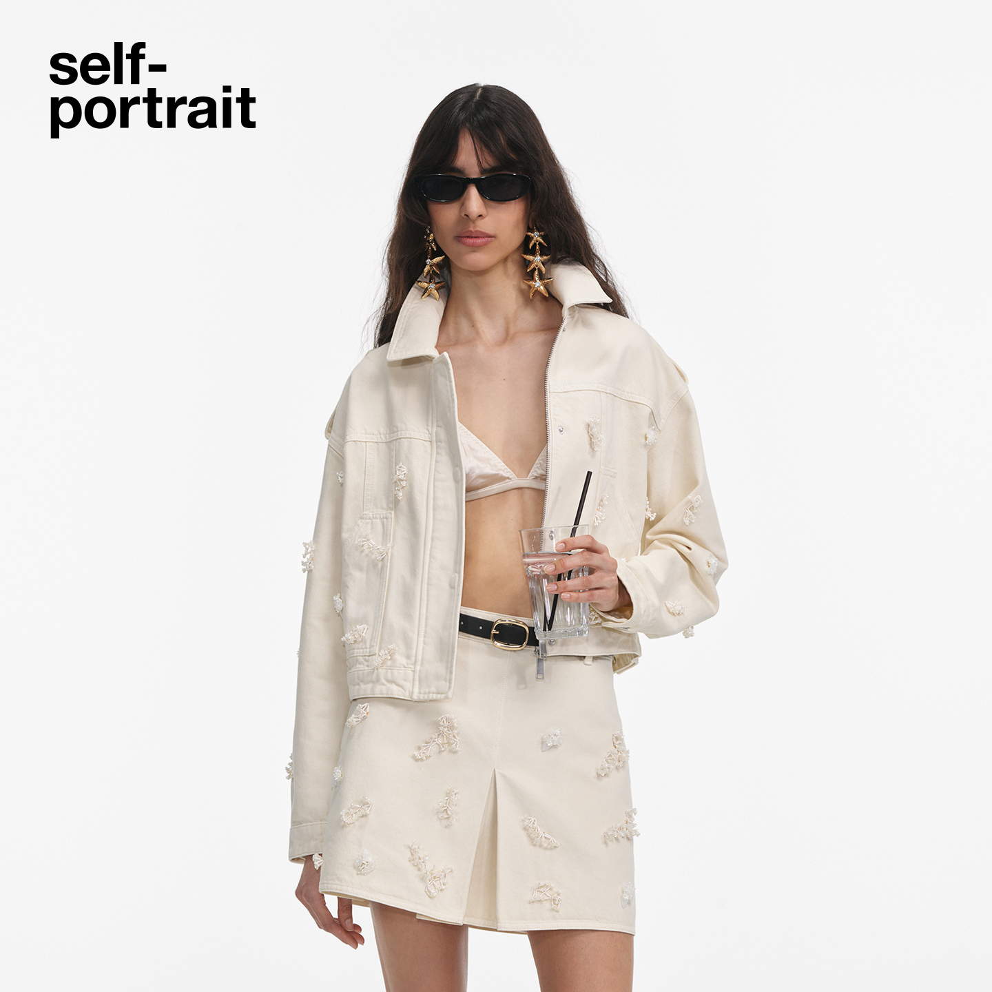 self-portrait钉珠牛仔短外套