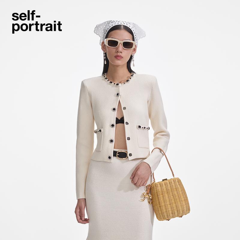 self-portrait 2025春夏象牙白钻饰针织开衫外套