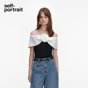 饰一字肩短款 self 黑撞白花朵装 2026早春新款 上衣 portrait