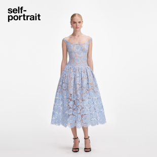 薄雾蓝气质一字领蕾丝连衣裙礼服裙 2025秋冬新款 self portrait