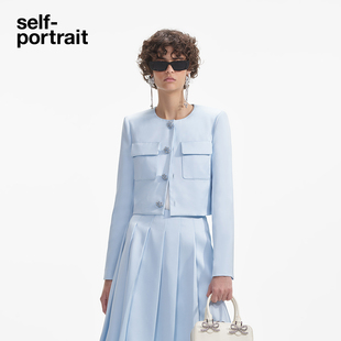 portrait self 2024秋冬薄雾蓝气质通勤钻扣缎面短外套上衣