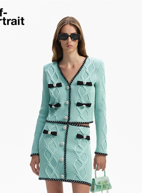 【张元英同款】self-portrait 早春薄荷绿钻扣蝴蝶结针织上衣