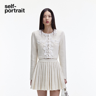 针织上衣 早春象牙白华夫格针织蕾丝花边长袖 self portrait