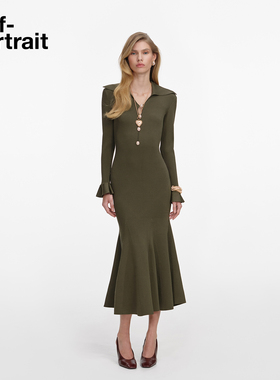 self-portrait 2026春夏新款墨绿色长袖纽扣优雅针织连衣裙