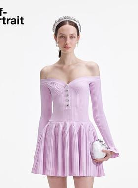 self-portrait 2025春夏粉红色千金风一字肩钻饰针织连衣裙