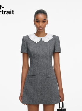 self-portrait 2026早春新款灰混色羊毛混纺蕾丝领人字纹连衣裙