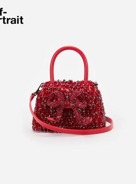 self-portrait 2025早春正红色MICRO流苏珠链手提包斜挎包