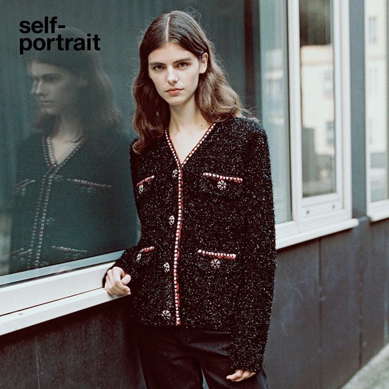 self-portrait金属丝v领针织开衫