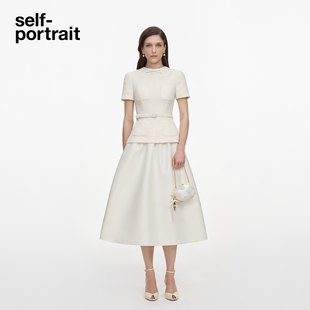 self-portrait 2026秋冬新款象牙白短袖粗花呢假两件连衣裙中长裙