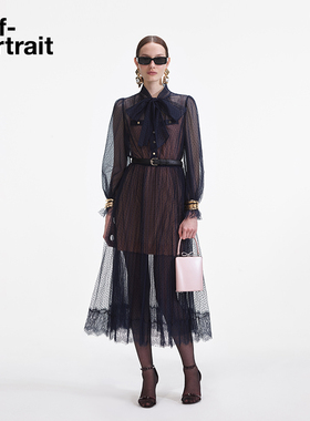 self-portrait 2025春夏藏蓝色蕾丝波点网纱蝴蝶结长款连衣裙