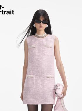 self-portrait 2025早春粉红色小香风仿珍珠设计粗花呢无袖连衣裙