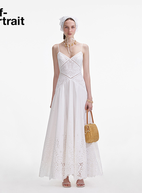 self-portrait 2025春夏白色镂空刺绣纯棉波嬉度假吊带连衣裙
